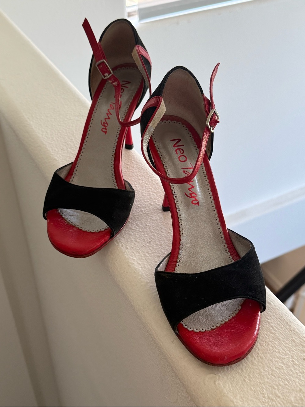 Black Suede and Red Leather Open-Toe Heels, Size 9